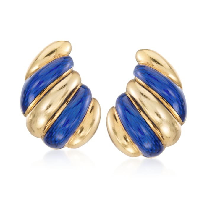 C. 1960 Vintage Blue Enamel Spiral Drop Clip-On Earrings in 18kt Yellow Gold