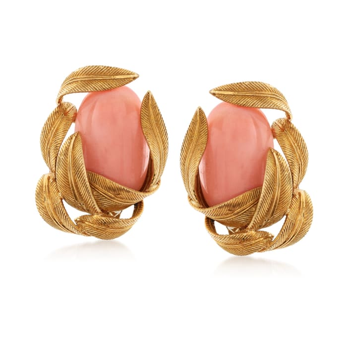 C. 1960 Vintage Pink Coral and 18kt Yellow Gold Leaf Clip-On Earrings