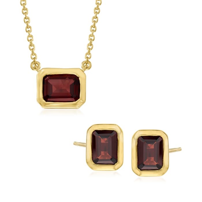 6.20 ct. t.w. Garnet Jewelry Set: Emerald-Cut Earrings and Necklace in 18kt Gold Over Sterling