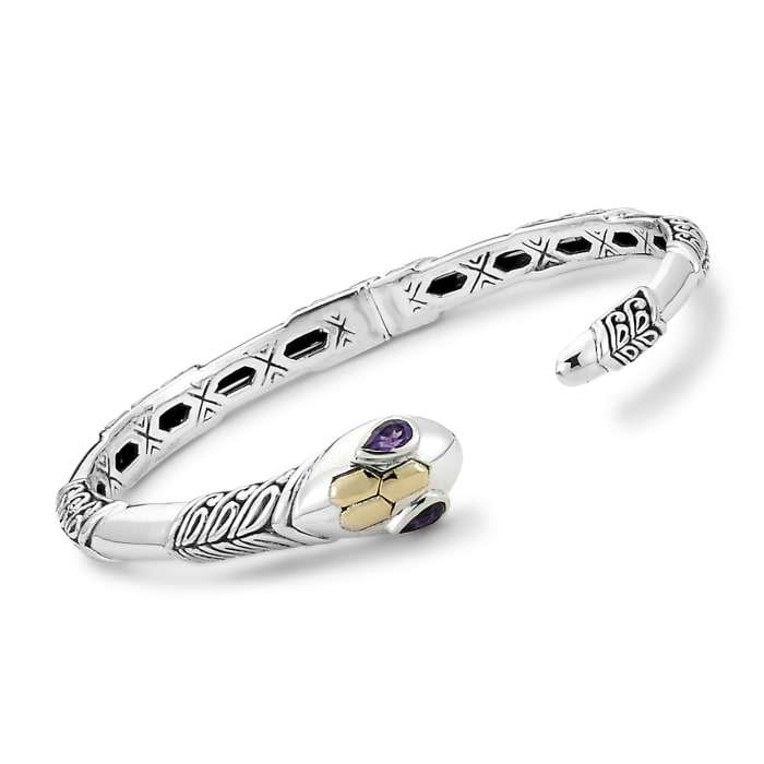 .50 ct. t.w. Amethyst Bali-Style Snake Cuff Bracelet in Sterling Silver with 18kt Yellow Gold