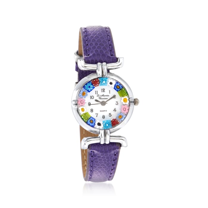 Italian Woman's Floral Multicolored Murano Glass 26mm Watch with Purple Leather