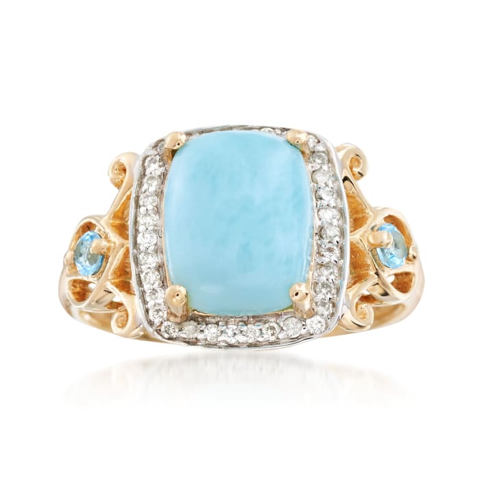 Larimar and .17 ct. t.w. Diamond Ring with .10 ct. t.w. Sky Blue Topaz in 14kt Yellow Gold