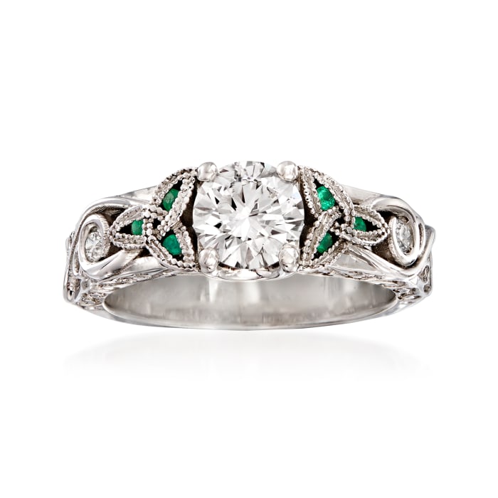 C. 2000 Vintage .80 ct. t.w. Diamond Engagement Ring with Diamond and Emerald Accents in 14kt White Gold