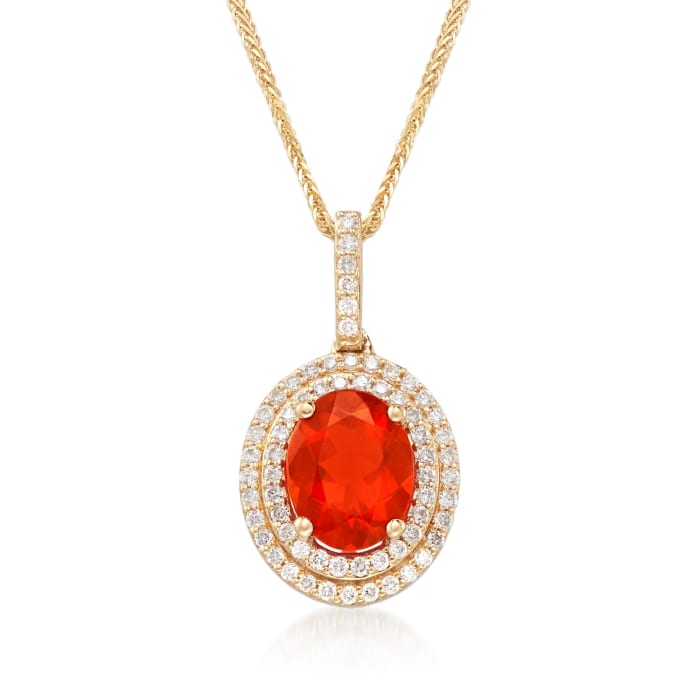 Fire Opal and .30 ct. t.w. Diamond Oval Pendant Necklace in 18kt Yellow Gold