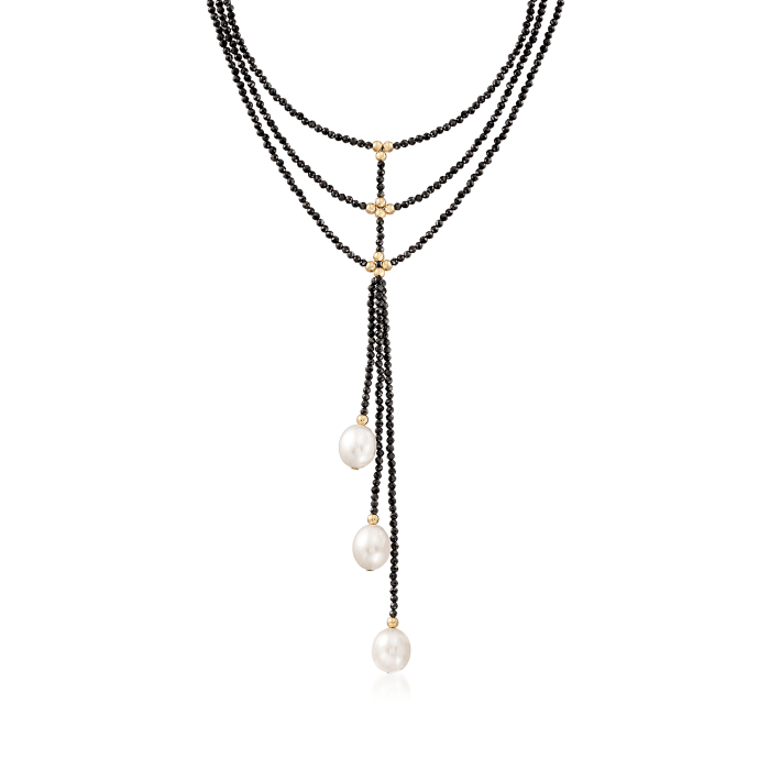10-10.5mm Cultured Pearl and 60.00 ct. t.w. Black Spinel Lariat Necklace in 14kt Yellow Gold 