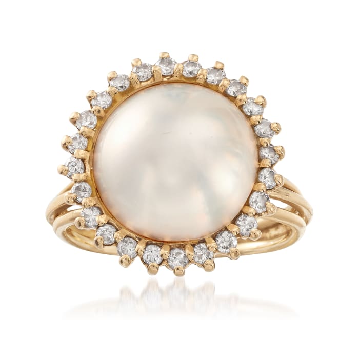 C. 1980 Vintage 14mm Mabe Pearl and .65 ct. t.w. Diamond Ring in 14kt Yellow Gold