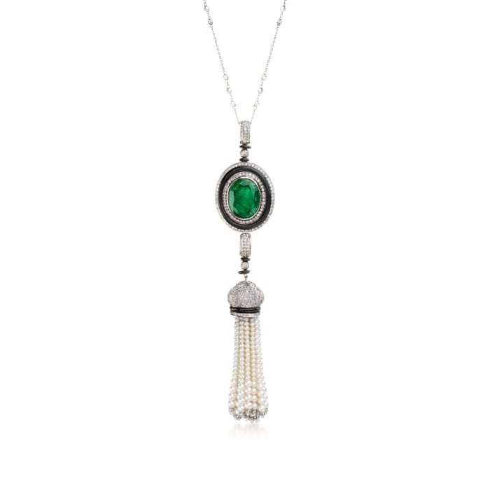 34.35 ct. t.w. Multi-Stone and Cultured Pearl Tassel Pendant Necklace in 18kt White Gold