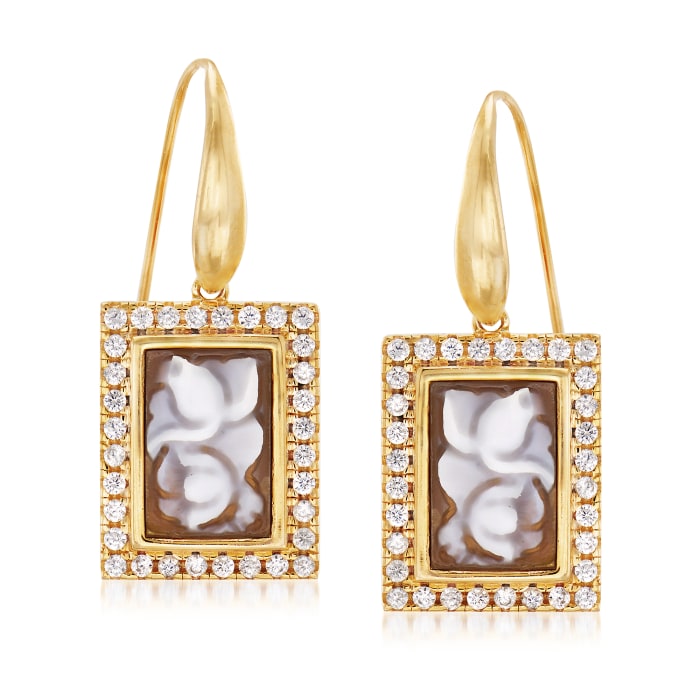 Italian Shell Flower Cameo and .95 ct. t.w. CZ Drop Earrings in 18kt Yellow Gold Over Sterling Silver