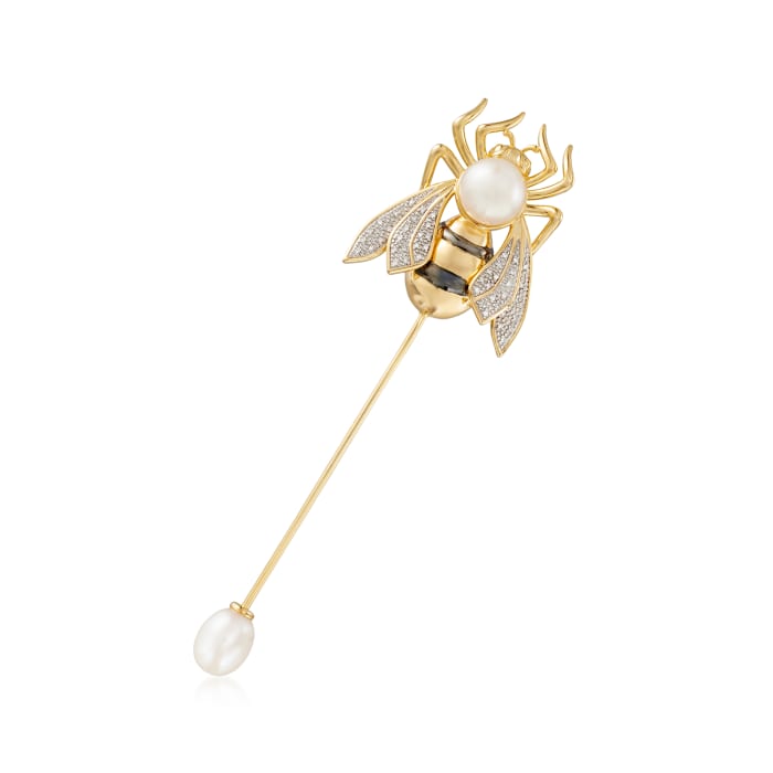 7.5-10mm Cultured Pearl and .12 ct. t.w. Diamond Bumblebee Stick Pin in Sterling Silver and 18kt Gold Over Sterling