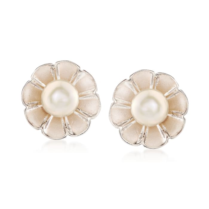 Italian 6mm Cultured Pearl Flower Earrings in Sterling Silver