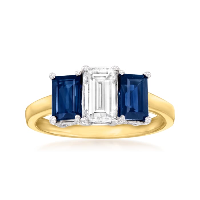 .92 Carat Certified Diamond and 1.50 ct. t.w. Sapphire Three-Stone Ring in 14kt Two-Tone Gold