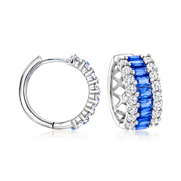 1.80 ct. t.w. Simulated Sapphire and .90 ct. t.w. CZ Hoop Earrings in Sterling Silver