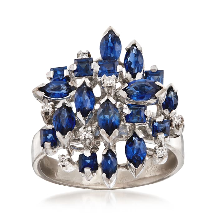C. 1970 Vintage 3.00 ct. t.w. Sapphire Cluster Ring with Diamond Accents in 18kt White Gold