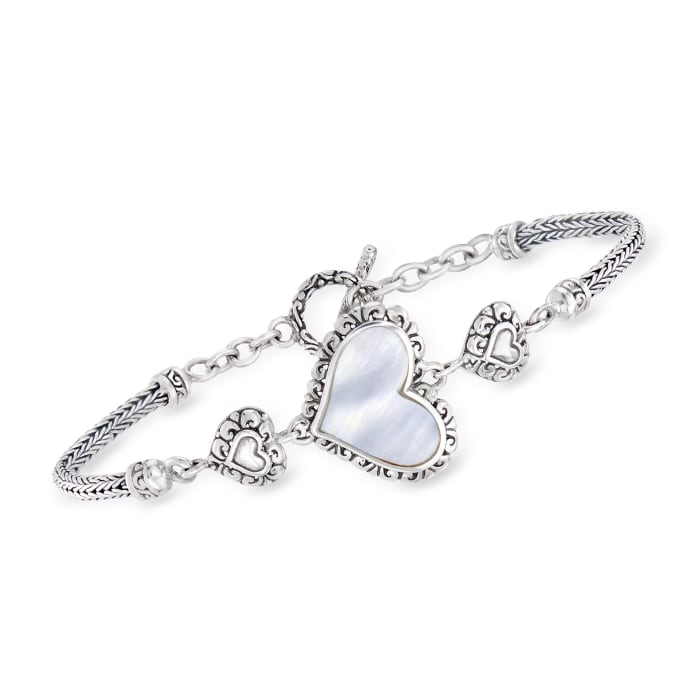 10x15mm Mother-of-Pearl Bali-Style Heart Bracelet in Sterling Silver