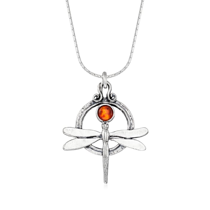 Amber Dragonfly Necklace in Sterling Silver
