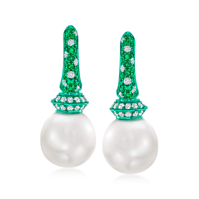 10.5-11mm Cultured South Sea Pearl Drop Earrings with .75 ct. t.w. Diamonds and .50 ct. t.w. Emeralds in 18kt White Gold