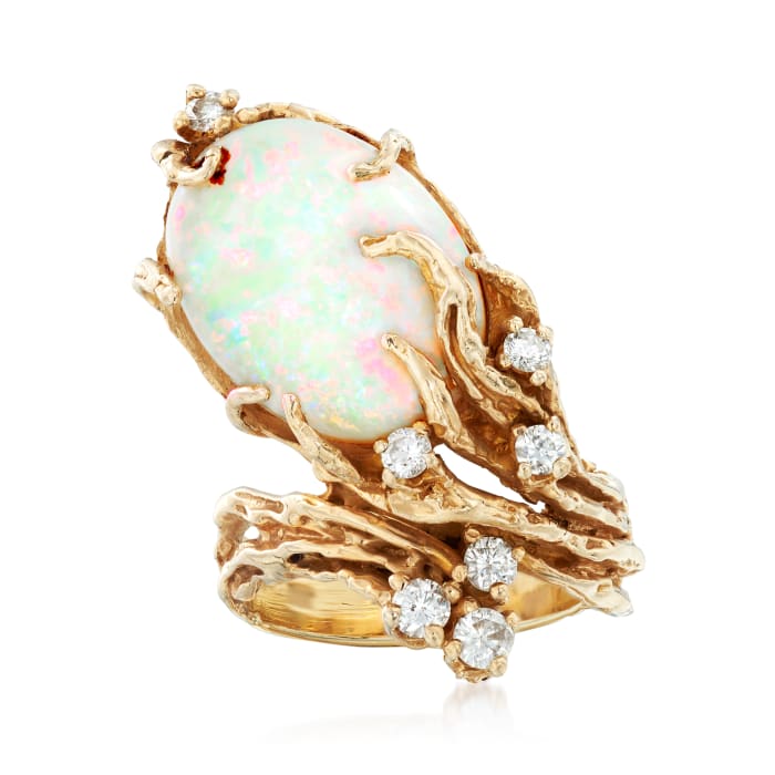 C. 1970 Vintage Opal and .45 ct. t.w. Diamond Tree Root-Motif Ring in 14kt Yellow Gold