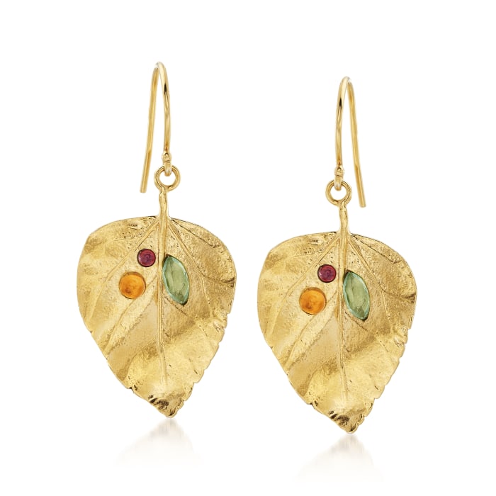 1.40 ct. t.w. Multi-Gemstone Leaf Drop Earrings in 18kt Yellow Gold Over Sterling
