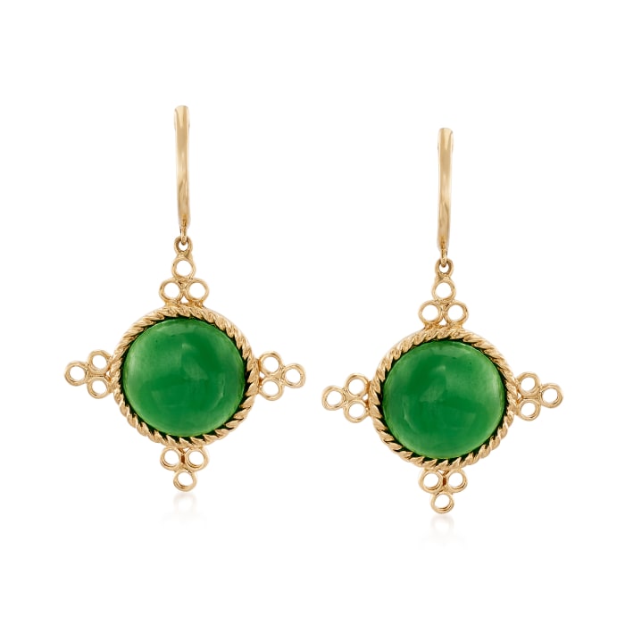 12mm Green Jade Drop Earrings in 14kt Yellow Gold