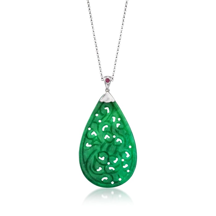 Carved Green Jade Pendant Necklace with Ruby Accent in Sterling Silver
