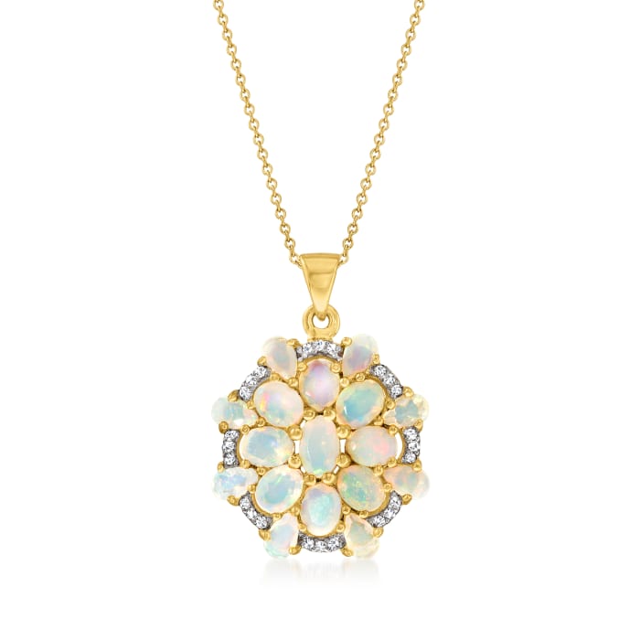 Opal and .10 ct. t.w. White Topaz Fancy Cluster Pendant Necklace in 18kt Gold Over Sterling
