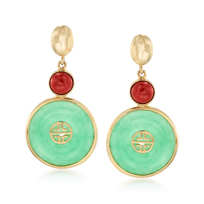 Red and Green Jade &quot;Long Life&quot; Drop Earrings in 14kt Yellow Gold