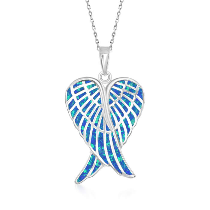 Blue Synthetic Opal Angel Wings Pendant Necklace in Sterling Silver