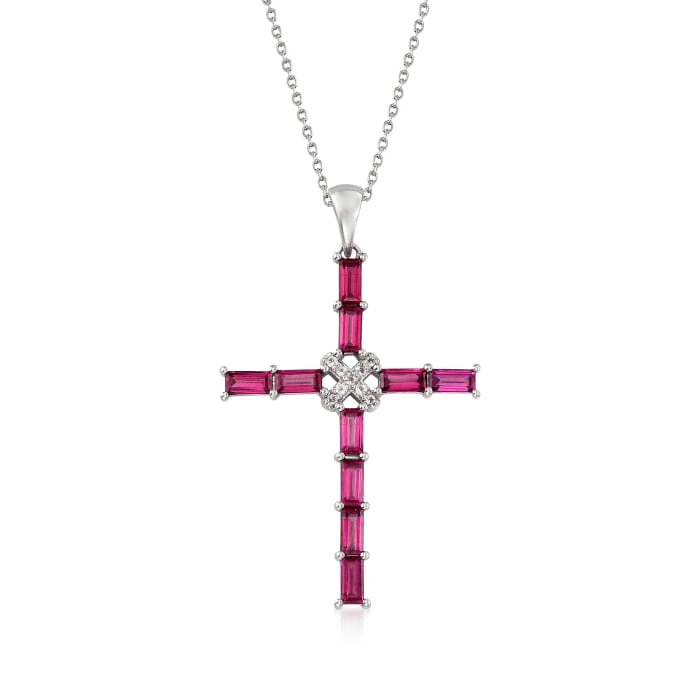 3.20 ct. t.w. Rhodolite Garnet and .10 ct. t.w. White Topaz Cross Pendant Necklace in Sterling Silver