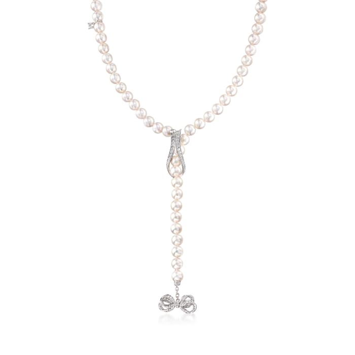 Mikimoto 7.5-8mm A+ Akoya Pearl Necklace with .98 ct. t.w. Diamond Ribbon in 18kt White Gold