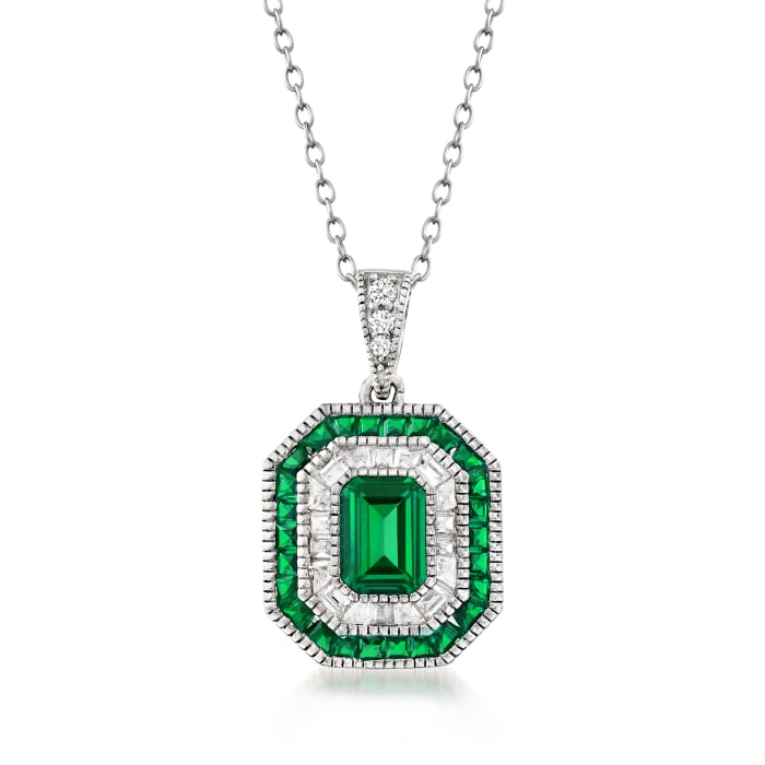 1.80 ct. t.w. Simulated Emerald and .52 ct. t.w. CZ Pendant Necklace in Sterling Silver