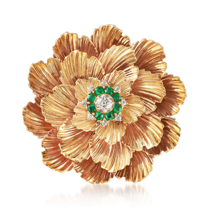 C. 1950 Vintage .65 ct. t.w. Emerald and .50 ct. t.w. Diamond Flower Pin in 14kt Yellow Gold