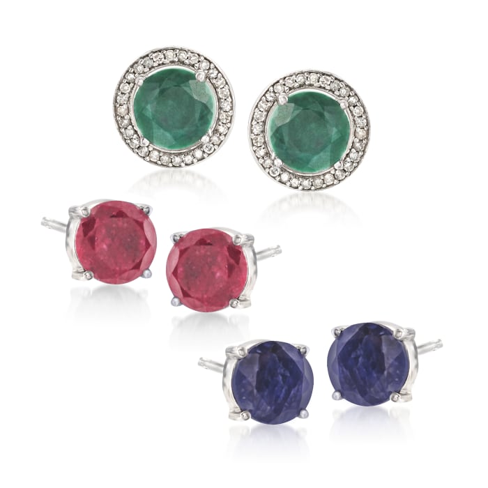 13.40 ct. t.w. Multi-Gemstone Jewelry Set: Three Pairs of Earrings with Earring Jackets in Sterling Silver