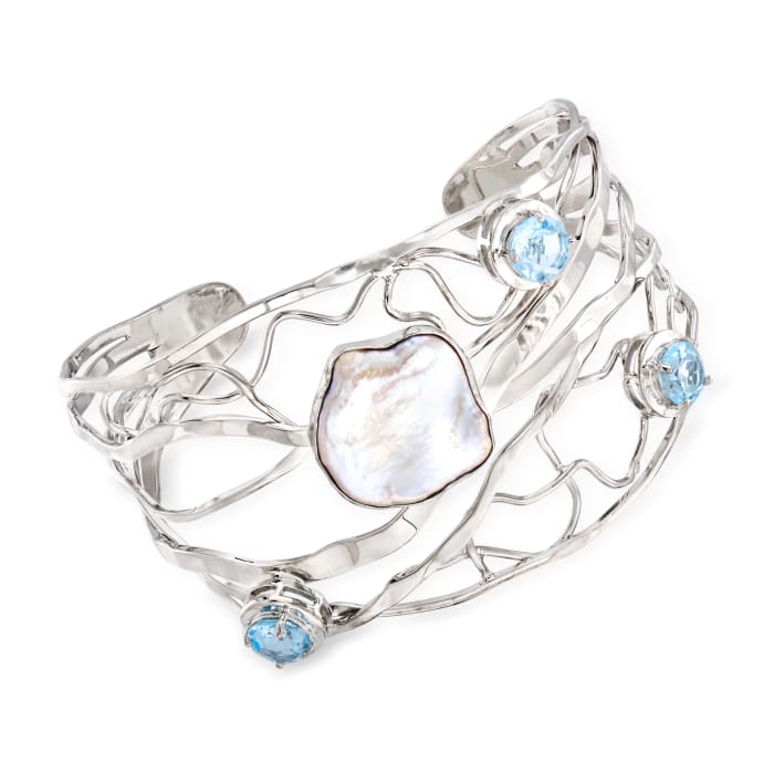 Cultured Baroque Pearl and 5.00 ct. t.w. Sky Blue Topaz Cuff Bracelet in Sterling Silver