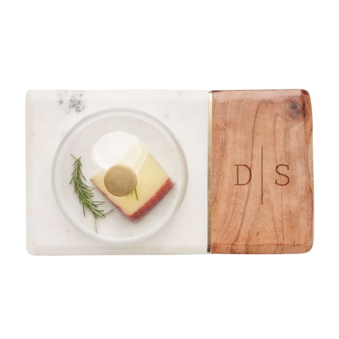 Acacia Wood and Marble Two-Initial Medium Serving Board with Brass Inlay