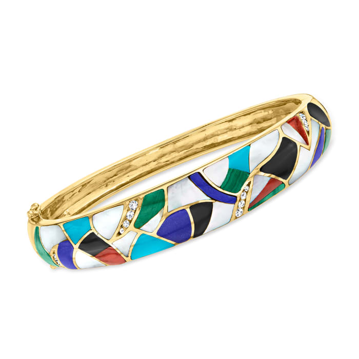 C. 1990 Vintage Multi-Gemstone Inlay and .25 ct. t.w. Diamond Bangle Bracelet in 14kt Yellow Gold