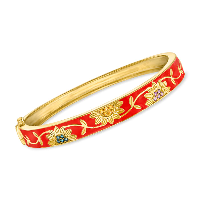 .22 ct. t.w. Multi-Gemstone and Red Enamel Flower Bangle Bracelet in 18kt Gold Over Sterling