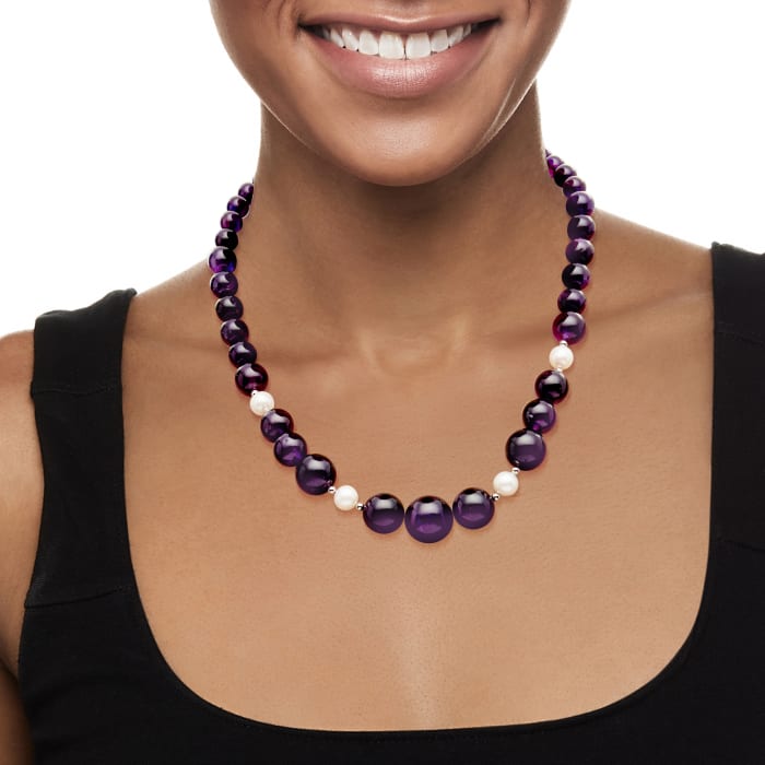 4-16mm Amethyst Bead and 8-9mm Cultured Pearl Necklace with Sterling Silver 18-inch