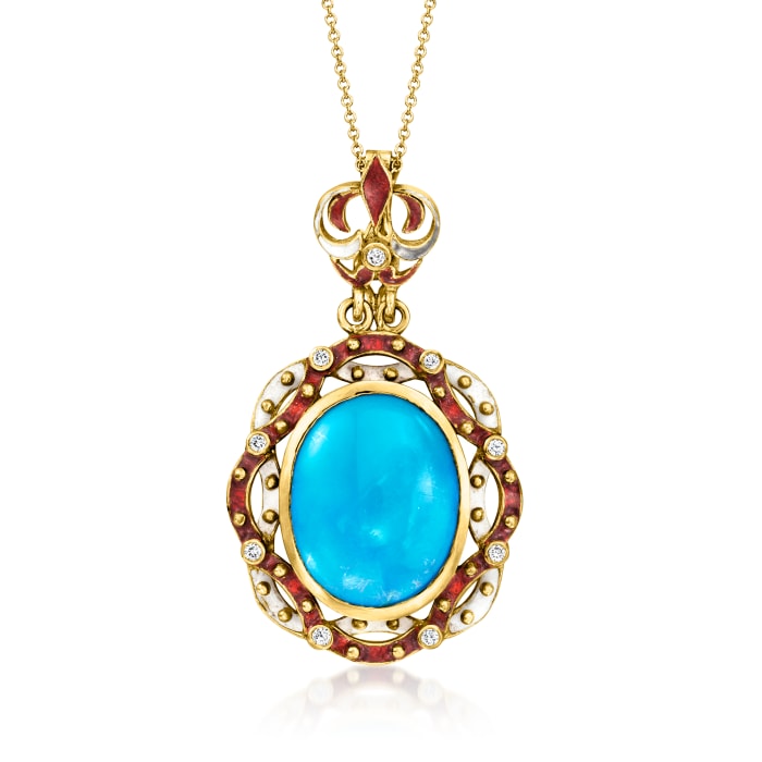 C. 1970 Vintage Turquoise and .25 ct. t.w. Diamond Pendant Necklace with Red and White Enamel in 18kt Yellow Gold
