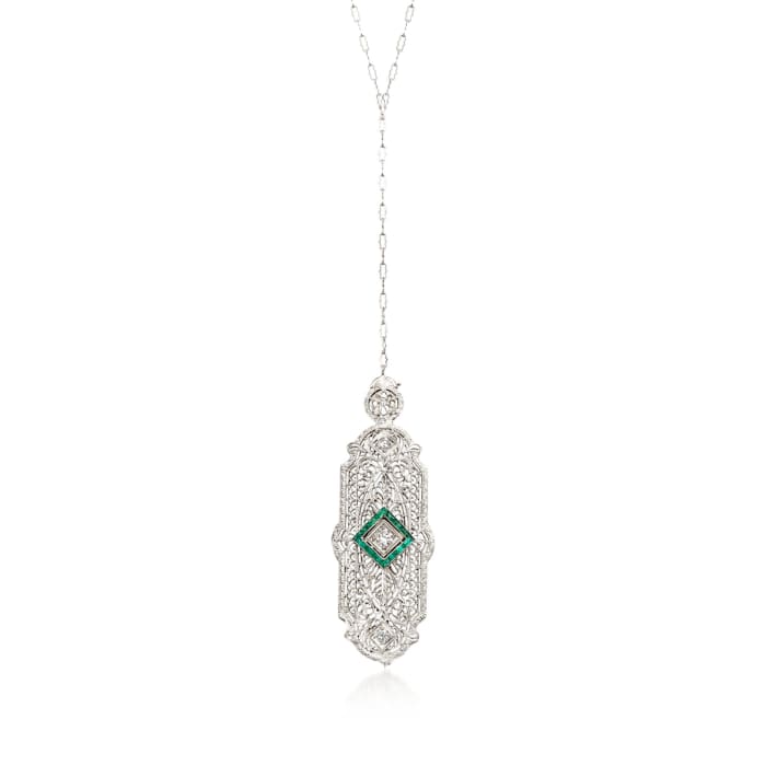 C. 1950 Vintage .20 ct. t.w. Synthetic Emerald and .25 ct. t.w. Diamond Pin Pendant Necklace in 14kt White Gold