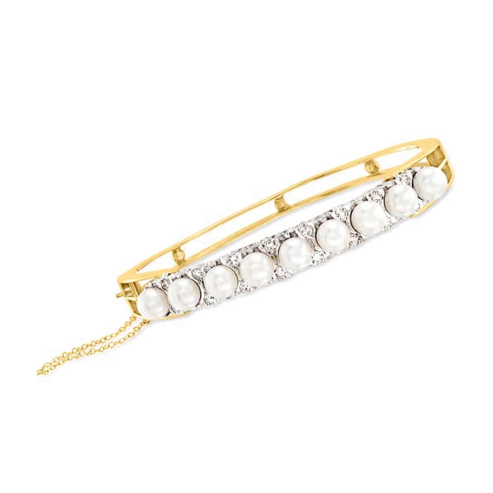 C. 1950 Vintage 6mm Cultured Pearl and .55 ct. t.w. Diamond Bangle Bracelet in 14kt Yellow Gold