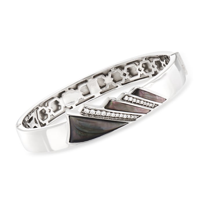 Belle Etoile &quot;Empire&quot; Black Mother-Of-Pearl and .36 ct. t.w. CZ Bangle Bracelet in Sterling Silver
