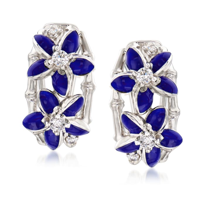 Belle Etoile &quot;Leilani&quot; Blue Enamel and .34 ct. t.w. CZ Flower Hoop Earrings in Sterling Silver
