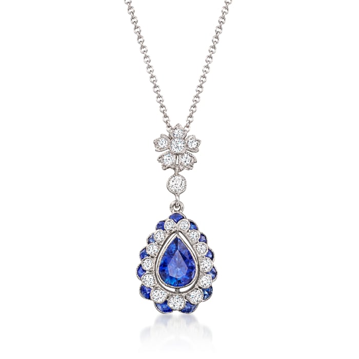 C. 1990 Vintage 2.35 ct. t.w. Sapphire and 1.55 ct. t.w. Diamond Pendant Necklace in 18kt White Gold