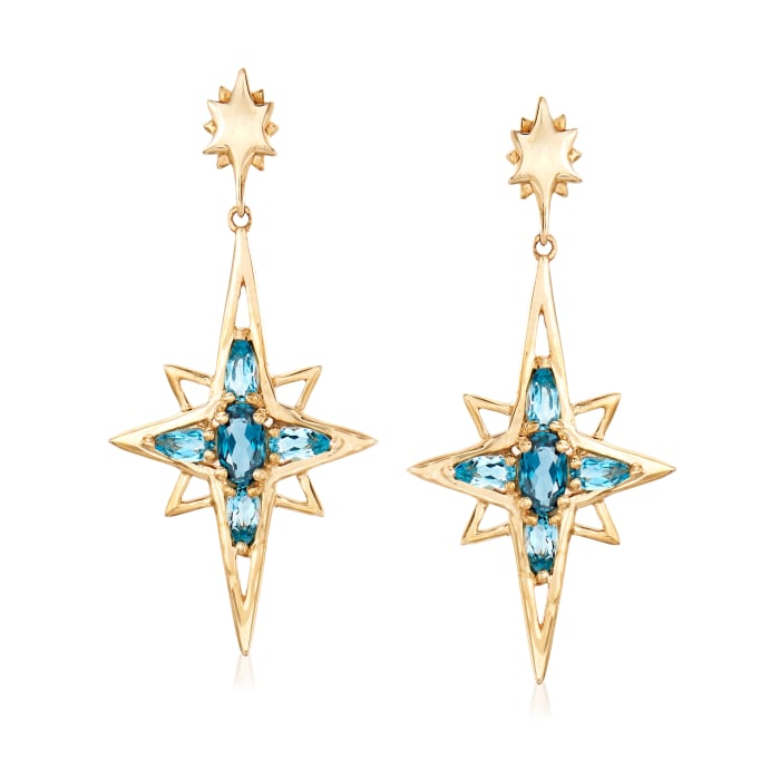 1.40 ct. t.w. Blue Topaz Star Drop Earrings in 14kt Yellow Gold