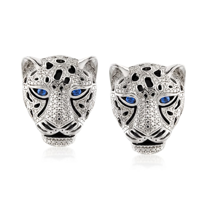 Black Onyx and .10 ct. t.w. Sapphire Panther Head Earrings in Sterling Silver