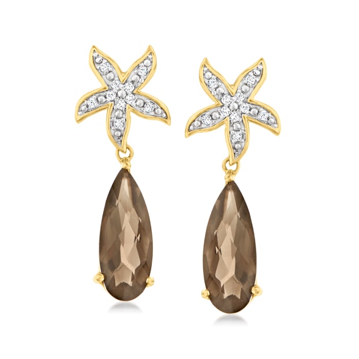 5.00 ct. t.w. Smoky Quartz and .12 ct. t.w. Diamond Flower Drop Earrings in 14kt Yellow Gold
