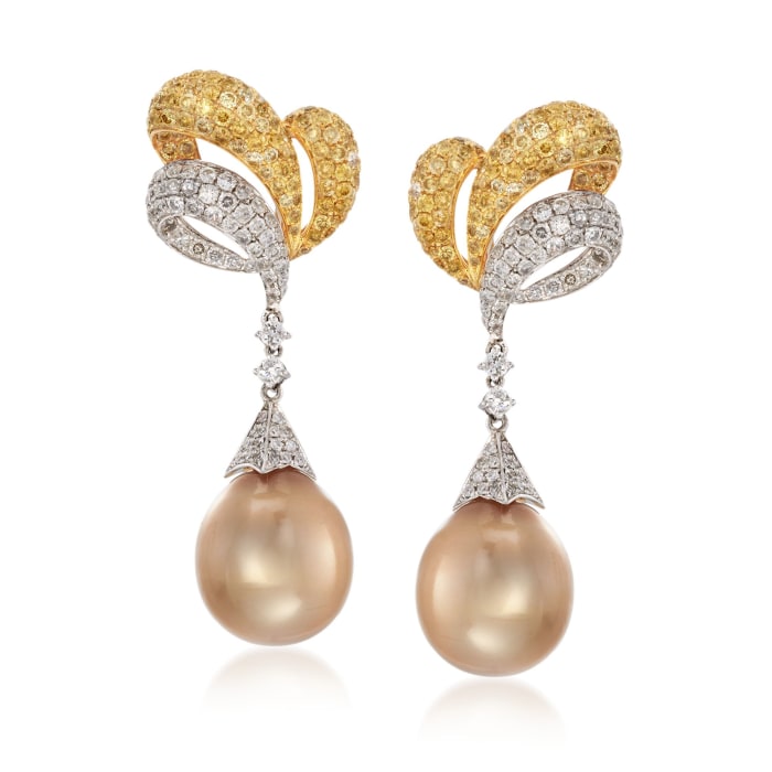 12.5-13mm Golden Cultured South Sea Pearl and Yellow and White Diamond Earrings in 18kt Two-Tone Gold
