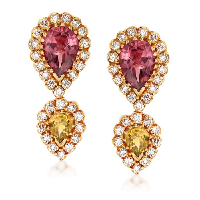 C. 1980 Vintage 1.80 ct. t.w. Pink Tourmaline, .60 ct. t.w. Simulated Yellow Tourmaline and 1.00 ct. t.w. Diamond Drop Earrings in 18kt Yellow Gold