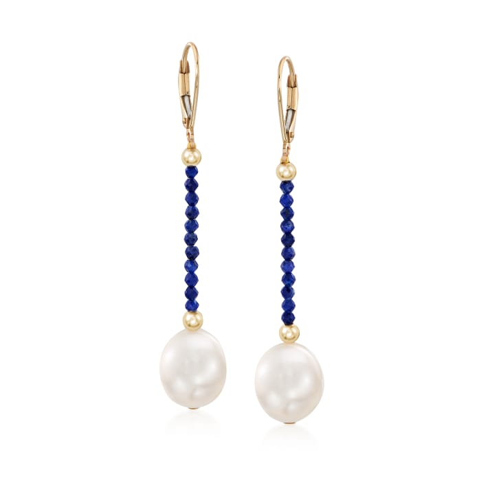 10-10.5mm Cultured Pearl and Lapis Bead Drop Earrings in 14kt Yellow Gold 