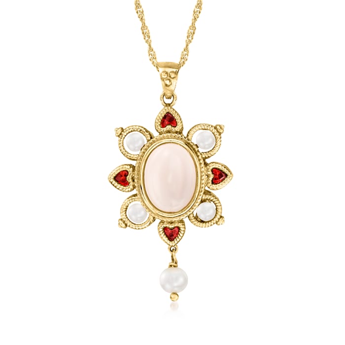 Italian 4-6mm Cultured Pearl and 30.00 ct. t.w. Multi-Gemstone Pendant Necklace in 18kt Gold Over Sterling